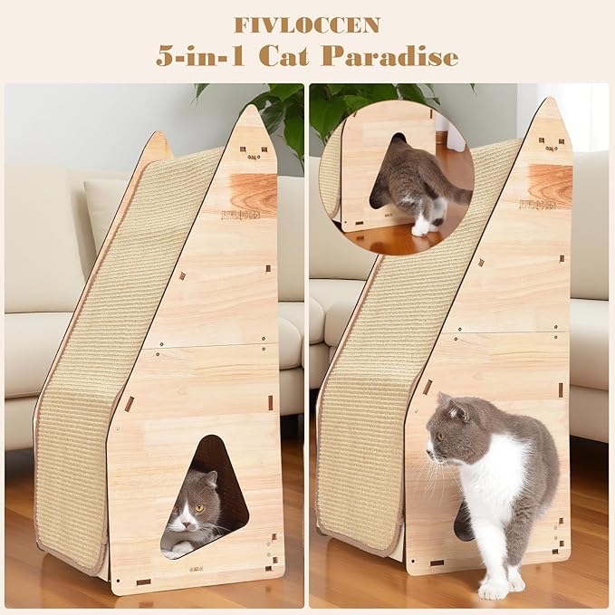 24in Multi-Functional Cat Furniture: Sisal Scratching Posts & Sturdy 3D Wood Frame for Indoor Cats, Integrated Cat Condo Hideout Tunnel All-in-One Space Saver for Multi-Cat & Budget-Friendly-PurrikoPets