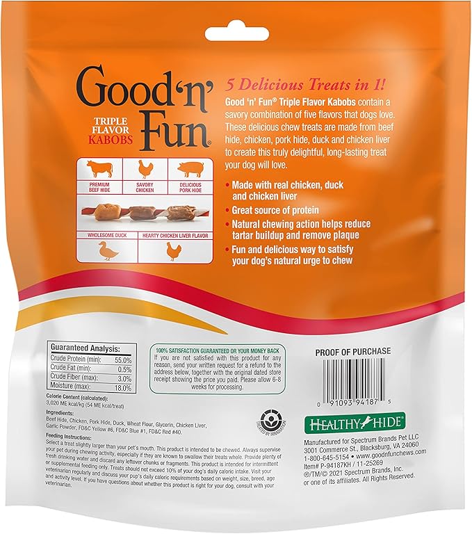 Good'n'Fun Triple Flavored Rawhide Kabobs for Dogs, 24 oz, 36 Count, 2 Pack-PurrikoPets