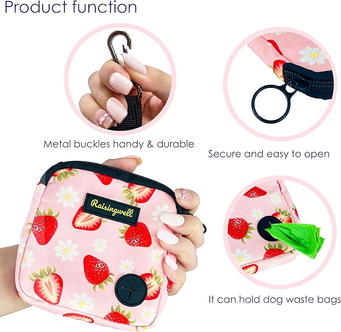Dog Treat Pouch for Pet Walking and Training with Clicker Poop Bags Small Fanny Zipper Pack Holder for Puppy Snack Dispenser Kit for Leash and Outdoor Use (Strawberry)-PurrikoPets