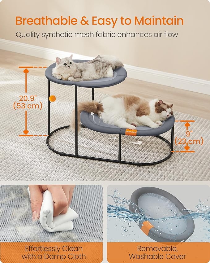 Feandrea 2-Tier Elevated Cat Hammock Bed, Breathable Furniture for Multi-Cat Households Indoor and Outdoor, with Removable Washable Mesh, Steel Frame, for Summer, Dove Gray UPCB012G01-PurrikoPets