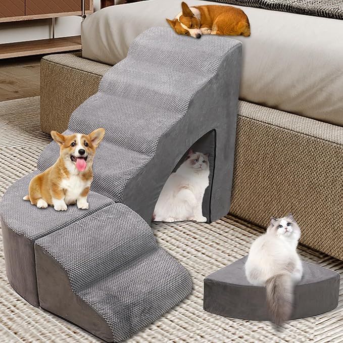 Foam Dog Stairs & Steps Ramps for High Beds 30 inches Tall for Small Dogs and Cats, LitaiL 6 Step Pet Stairs Steps for High Beds 30 inch Large Dogs, Non-Slip Dog Ramps for Older Cat-PurrikoPets
