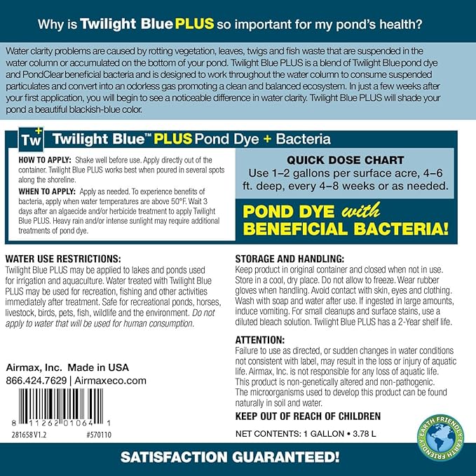 Airmax Pond Dye Plus, Twilight Blue Colorant & Natural Beneficial Bacteria, Large Pond & Lake Water Clarifier & Color Treatment, Shade Plants & Algae from Sunlight, Fish & Livestock Safe, 4 Gallons-PurrikoPets