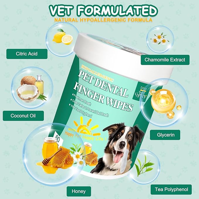 60 Count Dog Dental Wipes - Teeth Cleaning Finger Wipes for Dogs & Cats, Hypoallergenic Dog Toothbrush Finger Dental Wipes to Remove Plaque & Tartar, Freshen Bad Breath, Gentle Cleaning(4.7″*1.7″)-PurrikoPets