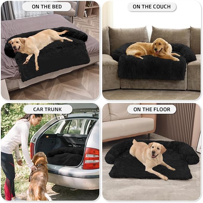 GGIB Calming Dog Bed Fluffy Plush Dog Mat for Furniture Protector with Removable Washable Cover for Large Medium Small Dogs and Cats (Extra Large (53x39.3x6), Black)-PurrikoPets