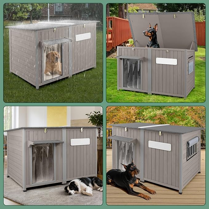 55" Extra Large Outdoor Dog House Weatherproof Wooden Doghouse Indoor for Large Breed Dogs with Anti Bite Frames with Window,10 Elevated Feet, Reinforced Bottom for Pet Up to 220LBS-PurrikoPets