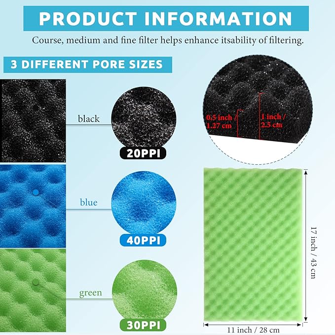 9 Pcs Fish Pond Foam Aquarium Filter Sponge Wave Shape Coarse Foam for Fish Tank Sump Pond 17 x 11 Inch x 1/2 to 1 Inch, Black, Green, Blue-PurrikoPets