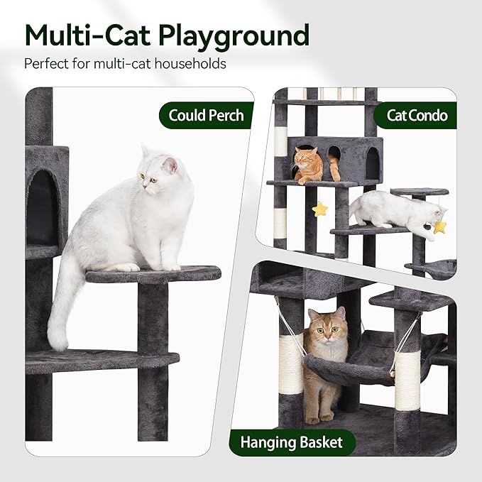 85in Giant Cat Tree for Heavy Duty Big Cats, Large Cat Trees with Scratching Post, Cat Tree Tower with Cat Condos, Hammock & Plush Perch for Maine Coon, Smoky Gray-PurrikoPets