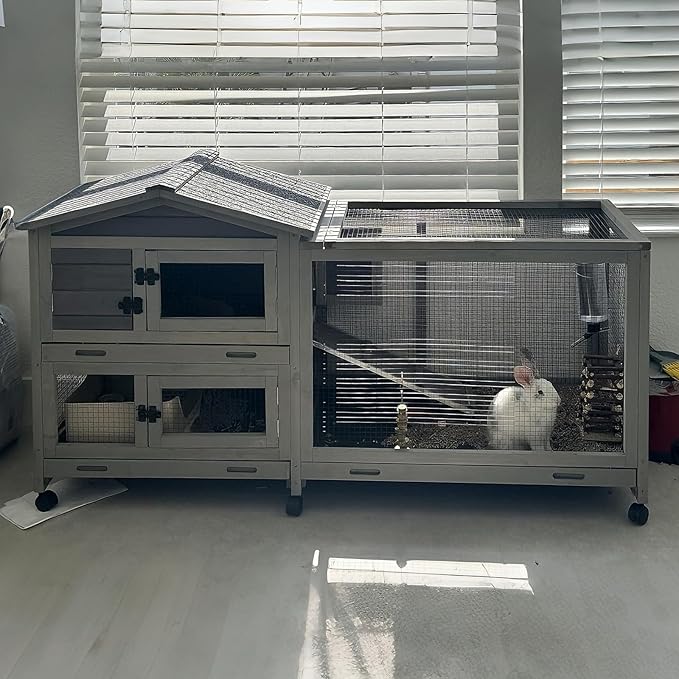 Aivituvin Rabbit Hutch Outdoor Rabbit Cage Indoor with Casters Bunny Cage Chikcen Coop for Small Animals with Pull-Out Tray(Grey)-PurrikoPets
