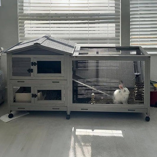 Aivituvin Rabbit Hutch Outdoor Rabbit Cage Indoor with Casters Bunny Cage Chikcen Coop for Small Animals with Pull-Out Tray(Grey)-PurrikoPets