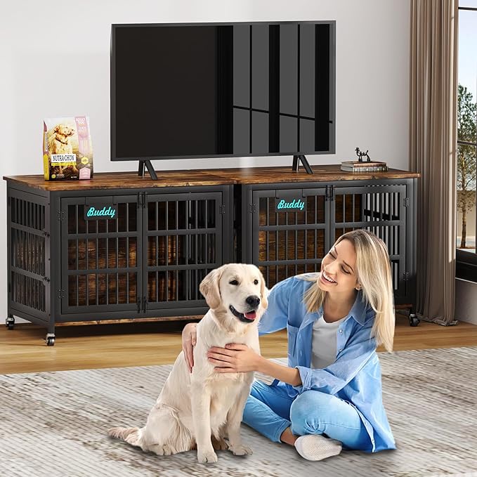 EasyCom 42"/41"/33" Dog Crate Furniture with Name Tag, XL Heavy Duty Dog Kennel Indoor for Large and Medium Dogs, Double-Doors Sturdy Dog Cage for Anxiety Dog, Decorate House as TV Stand-PurrikoPets