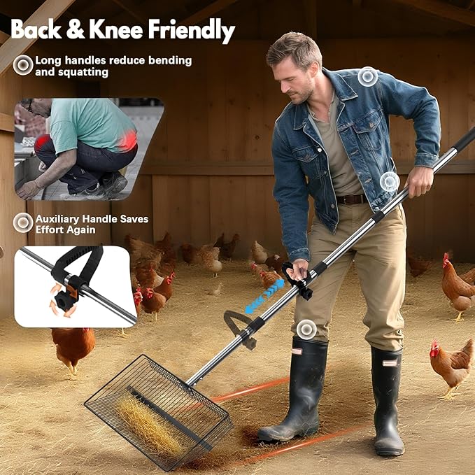 15inch Large Chicken Poop Scooper, 2 Slot Widths (0.16"&0.28"), 39" to 76" Adjustable Stainless Steel Handle, Sifting Litter Shovel for Chicken Coop/Stables/Farm Cleaning(with Effortless Grip)-PurrikoPets