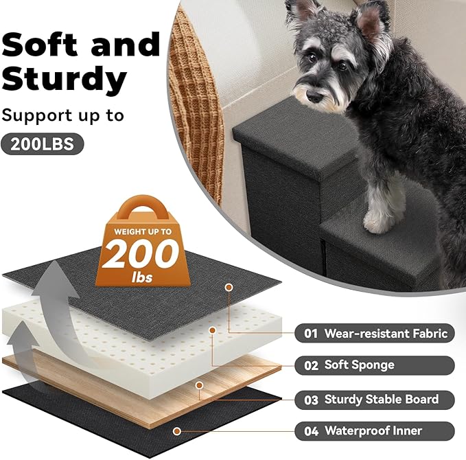 Dog Stairs with Storage 18" H, 3-Step Wider Dog Steps for Small/Medium/Large Old Dogs Cats, Folding Sturdy Pet Stairs Climbing Bed Couch, Ramp for Car Hold Up to 200 lbs (Dark Grey, No Condo)-PurrikoPets