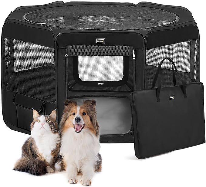 DONORO Dog Playpen Portable Pet Play Pens for Small Dog/Cat/Rabbit/Chicks, Cat Playpen Indoor/Outdoor with Carring Case, Removable Zipper Top and Bottom (Black, Extra Large (55"x55"x30"), 8)-PurrikoPets