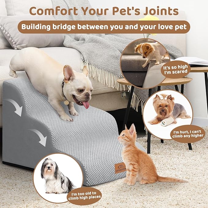 Dog Ramp and Stair for Bed 16" H-20 H,3-Step Cat Stair for Sofa and Chair,4-Step Dog Ramp for High Bed and Window,Durable Nonslip Fabric Cover for Indoor (Light Grey-16 H, Pet Friendly, 3)-PurrikoPets