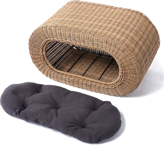 Fun Stackable Wicker Cat Hideaway House - Interactive Play Rattan Cat House for Indoor Cats Kitty, Pet Friendly Top/Side House Entry, Cat Bed Enclosed-PurrikoPets