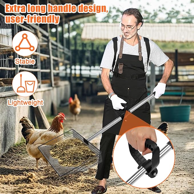 15 inch Large Chicken Poop Scooper with Ergonomic Grip, 6 in 1 Detachable Chicken Scooper for Poop Shovel (20 to 79"), Stainless Steel Sifting Shovel for Chicken Coop/Goat Stall/Stable Cleaning Tool-PurrikoPets