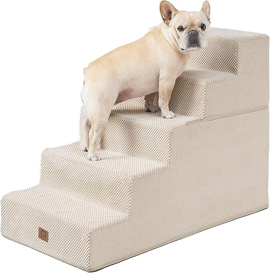 EHEYCIGA Dog Stairs for High Bed 25" H, 5-Step Extra Wide Dog Steps for Bed, Pet Steps for Small Dogs and Cats, Non-Slip Balanced Pet Ramp Indoor, Beige-PurrikoPets
