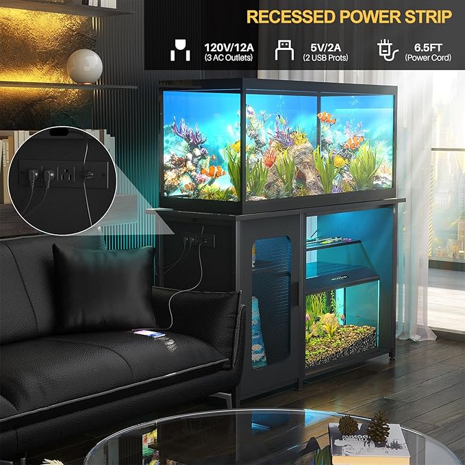 55-75 Gallon Fish Tank Stand with Power Outlets & LED Light, Reversible Heavy Duty Metal Aquarium Stand with Cabinet for Fish Tank Accessories Storage, Turtle/Reptile Terrariums, Black-PurrikoPets