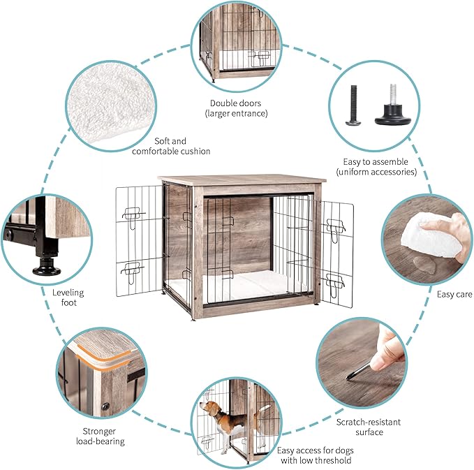 DWANTON Dog Crate Furniture with Cushion, Wooden Kennel Table with Double Doors, Indoor Dog House, Small/Medium/Large/Extra Large Size, 27.2" L, Greige-PurrikoPets