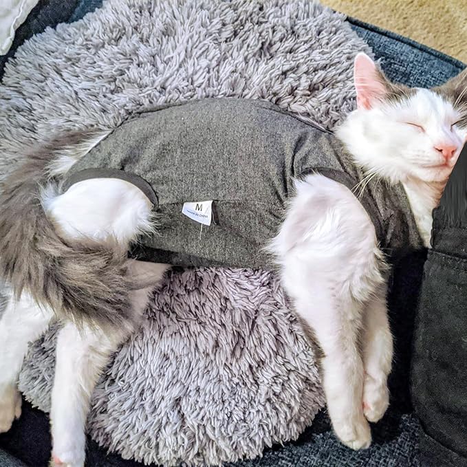 DOTON Cat Recovery Suit for Male and Female Surgical Post Surgery Soft Cone Onesie Shirt Clothes Neuter Licking Protective Diapers Outfit Cover Kitten Spay Collar(S, Grey)-PurrikoPets