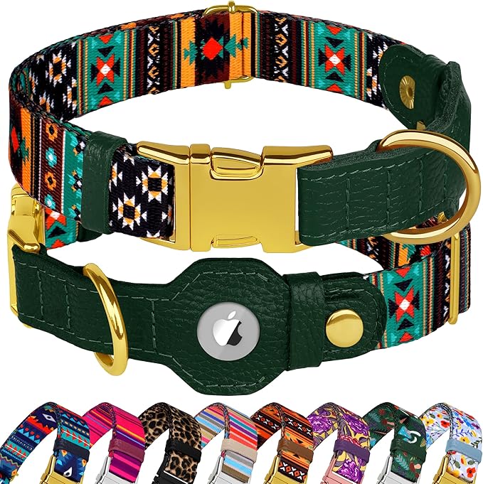 AirTag Dog Collar for Small Medium Large Breed - Adjustable Cute Pattern Dog Collar with Airtag Holder - Soft Leather Tracker GPS Apple Air Tag Pet Collars (Small, 12"-15" Neck Fit, Tribal)-PurrikoPets