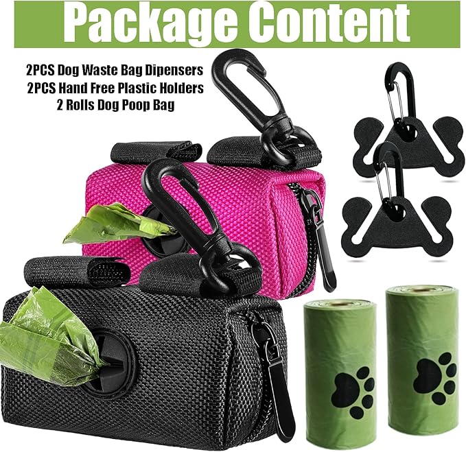 2Packs Dog Poop Bag Holder for Leash Attachment Dog Poop Bag Dispenser Dog Waste Bag Dispensers Dog Poop Bag Holders Fit Dog Leash Accessory With Hand Free Holder Carriers, Pink & Black-PurrikoPets