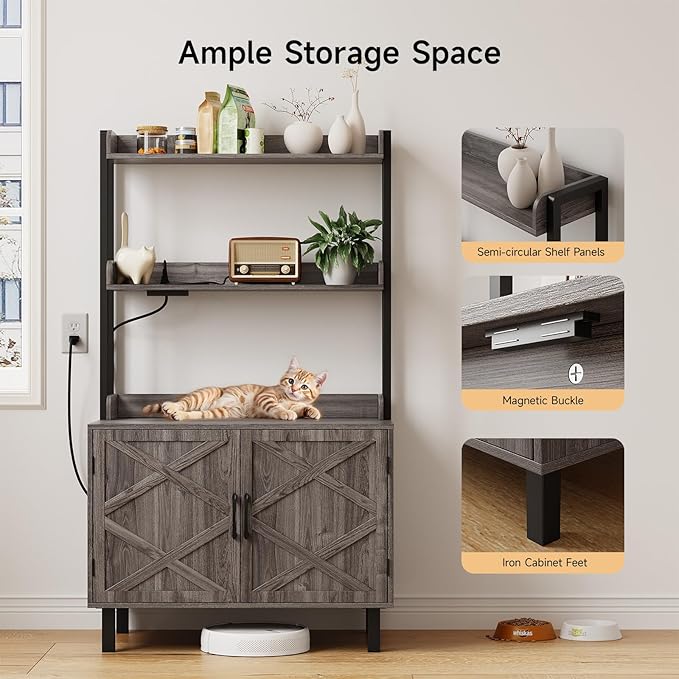 55 Inches Cat Litter Box Enclosure, Hidden Litter Box Furniture with 2 Storage Shelves and Charging Sockets, Wooden Cat House, Large Indoor Cabinet for Living Room & Entryway, Grey-PurrikoPets