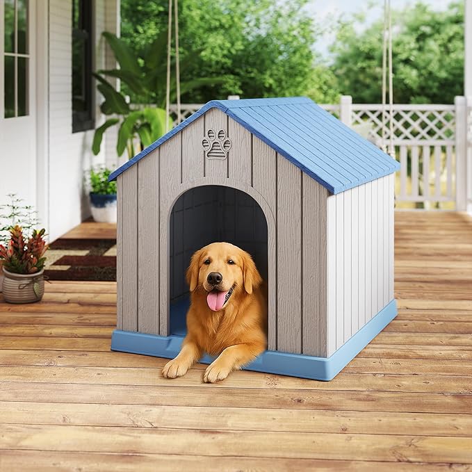DRATO Indoor Outdoor Waterproof Dog House,PP Material,Puppy Shelter with Air Vents and Elevated Floor,Sturdy Dog Kennel for Small to Large Sized Dogs, Easy to Assemble (Blue, 38.62×36.26×38.07 Inches)-PurrikoPets