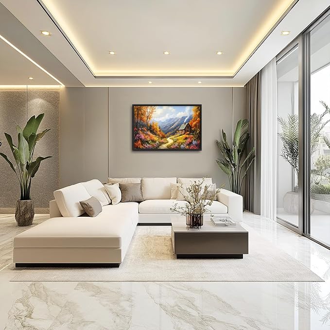 Framed Large Autumn Mountain Wall Art for Living Room, Oversized Wildflower Tree Wall Decor Nature Landscape Canvas Painting Modern Artwork Home Decoration for Living Room Bedroom 36"x24"-PurrikoPets