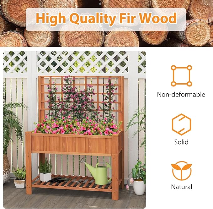 Giantex Raised Garden Bed with Trellis, Wooden Elevated Planter Box with Legs, Drainage Holes for Climbing Plants Vines Vegetables Flowers Herbs, Outdoor Horticulture Planter for Patio Yard (Brown)-PurrikoPets