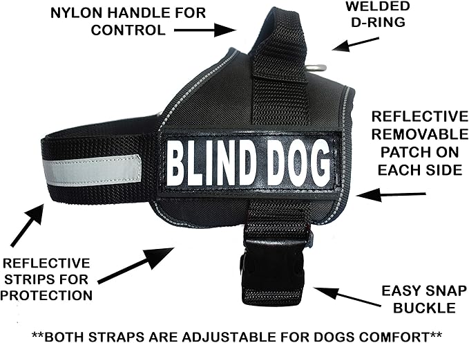 Doggie Stylz Blind Dog Vest Harness with Removable Patches and Reflective Trim. Comes with 2 Blind Dog Reflective Hook and Loop Patches. Measure Dogs Girth Before Purchase (Girth 30”- 42" Black)-PurrikoPets