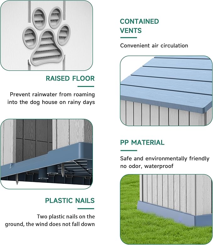 DRATO Indoor Outdoor Waterproof Dog House,PP Material,Puppy Shelter with Air Vents and Elevated Floor,Sturdy Dog Kennel for Small to Large Sized Dogs, Easy to Assemble (Blue, 38.62×36.26×38.07 Inches)-PurrikoPets