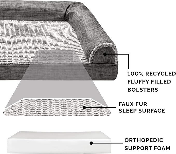 Furhaven Orthopedic Dog Bed for Large Dogs w/ Removable Bolsters & Washable Cover, For Dogs Up to 125 lbs - Luxe Faux Fur & Performance Linen Sofa - Charcoal, Jumbo Plus/XXL-PurrikoPets