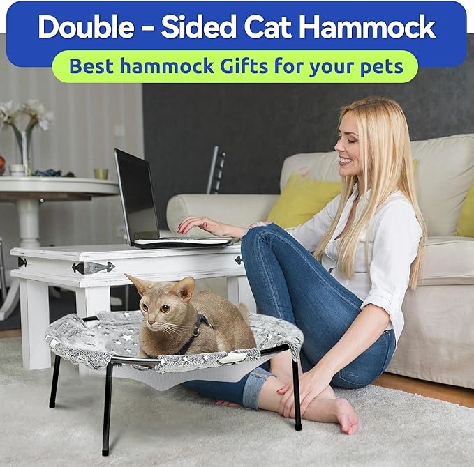 Elevated Cat Bed, Glow-in-The-Dark Fabric Cat Hammock Bed for Large Indoor Cats, Machine Washable & Breathable Cover, Tool Free Easy Assembly, up to 66Lbs (Gray, L)-PurrikoPets