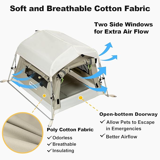 Dog Tent Cotton Fabric, Aluminum Poles and Camping Mat, Outdoor Weatherproof, Dog House Outdoor, Breathable with 2 Side Windows, Portable and Collapsible (Gray, Small)-PurrikoPets