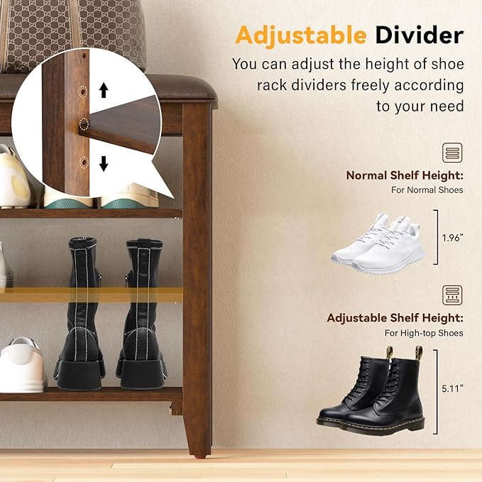 Entryway Shoe Storage Bench with Leather Cushion, Shoe Organizer Bench for Entryway, Ideal for Hallways Front Doors Entrances Mudrooms Featuring Rubberwood And 3 Height-Adjustable and Removable Shelve-PurrikoPets