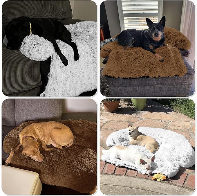 GGIB Calming Dog Bed Fluffy Plush Dog Mat for Furniture Protector with Removable Washable Cover for Large Medium Small Dogs and Cats (Extra Large (53x39.3x6), Brown)-PurrikoPets