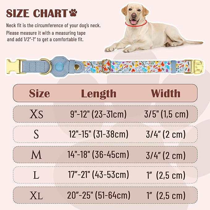 AirTag Dog Collar for Small Medium Large Breed - Adjustable Cute Pattern Dog Collar with Airtag Holder - Soft Leather Tracker GPS Apple Air Tag Pet Collars (Small, 12"-15" Neck Fit, Floral)-PurrikoPets
