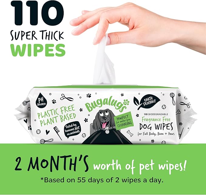 Dog Wipes, 100% Plastic Free Biodegradable pet Wipes for Full Body, Eye Wipes, Ear Wipes, Bum & Paws. 110 Sensitive Dog Grooming Wipes for Dogs, Puppy & cat Grooming (Fragrance Free)-PurrikoPets