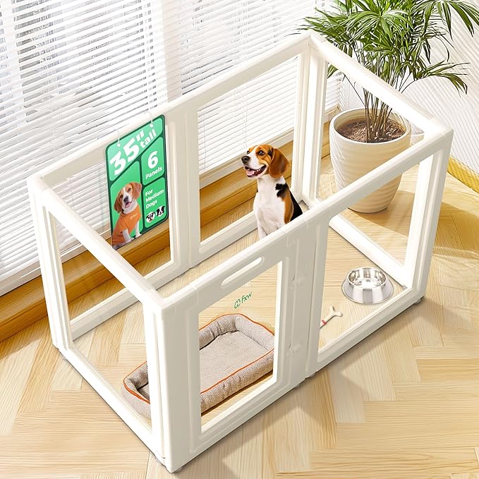 FXW AuraSpace Acrylic Indoor Unleashed Dog Playpen for Medium Dogs, 35 Inch, 6 Panels, White-PurrikoPets