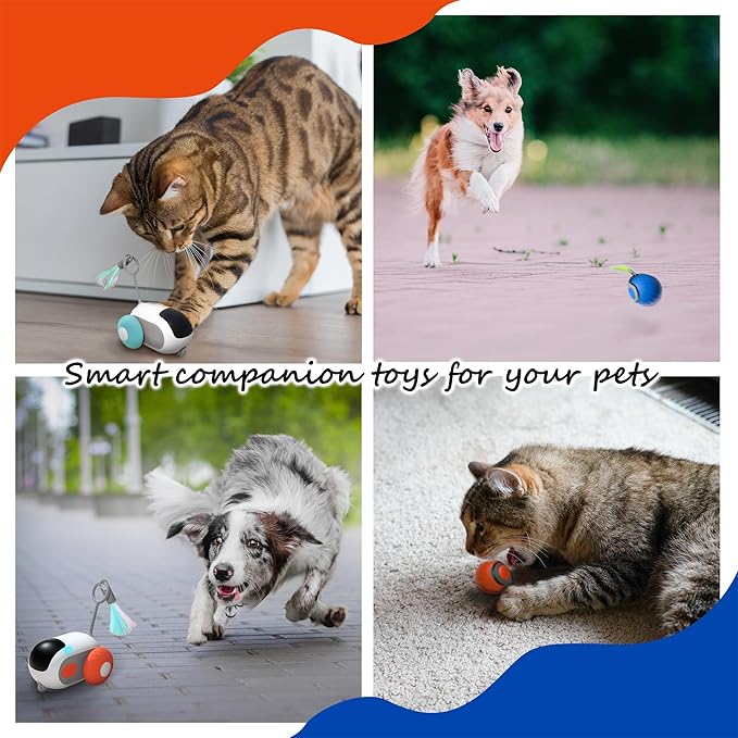 1pc Interactive Automatic Remote Control Cat Mice Car Toy and 1pc Smart Electric Moving Speedy Cat Ball Toy with Feather Tail, Suitable for Dogs, Keep Busy, Stimulating, Rechargeable (orange)-PurrikoPets