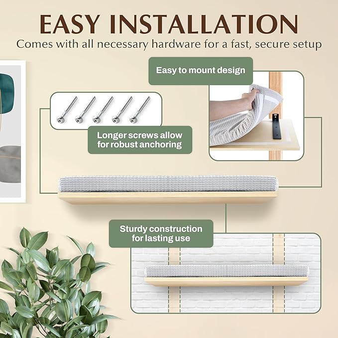 Extra Large 23.6”x12.6” CALLICO HAVEN- Stylish Cat Wall Shelves with Cushion, Modern Wall-Mounted Cat Tree Furniture, Window Cat Shelf & Perch, Sturdy/Hidden Mounts, Washable Cover - Flat Shape-PurrikoPets