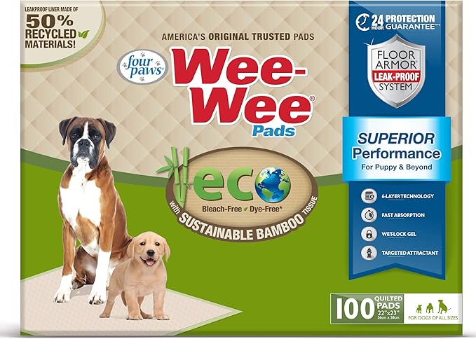Four Paws Wee-Wee Superior Performance Bamboo Pee Pads for Dogs, Earth Friendly Dog & Puppy Potty Training Pads, Crate Liners, Housebreaking Supplies, 22" x 23" (100 Count)-PurrikoPets