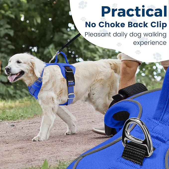 Funfox Dog Harness No Pull, Adjustable Pet Vest Harness, Super Soft Material with Vertical Handle Easy Control, Reflective Night Walking, 2 Leash Clips for Large Dogs, Blue, L-PurrikoPets