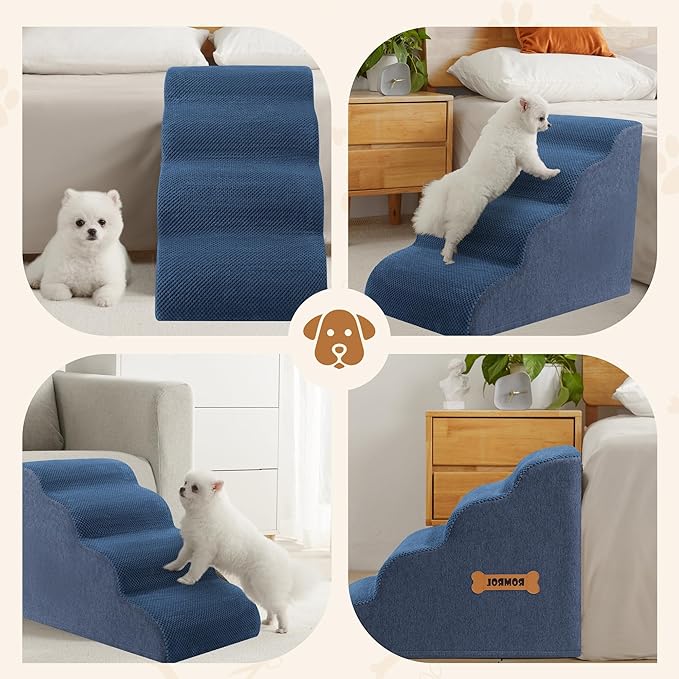 Dog Stairs, Romrol Dog Steps Ramp for High Bed and Couch, Dogs Ramp with Durable Non-Slip Waterproof Fabric Cover, Pet Stairs for Small Dogs and Cats or Pets Joints, 4-TiersDusty Blue-PurrikoPets