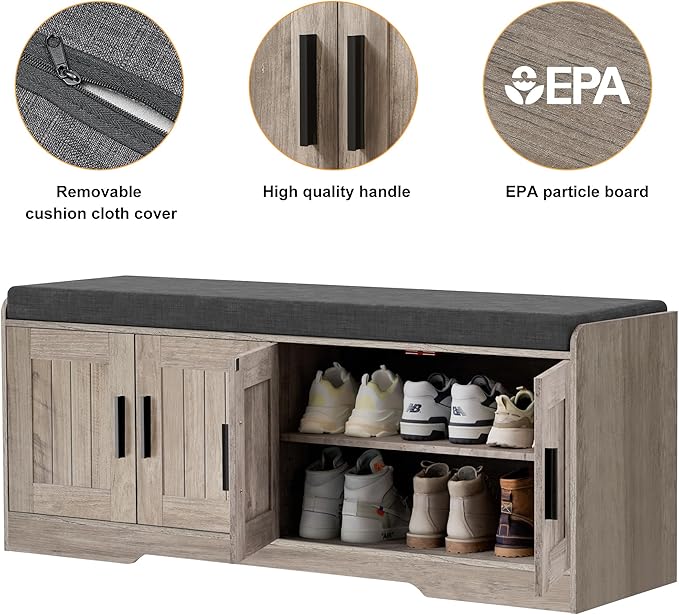 2-Tier Storage Bench, Shoe Bench with Thickened Padded Seat Cushion, Entryway Bench with 4 Doors, Adjustable Shelf, 13.8" D x 45.3" W x 18.5" H, for Entryway, Living Room, Bedroom, Greige-PurrikoPets