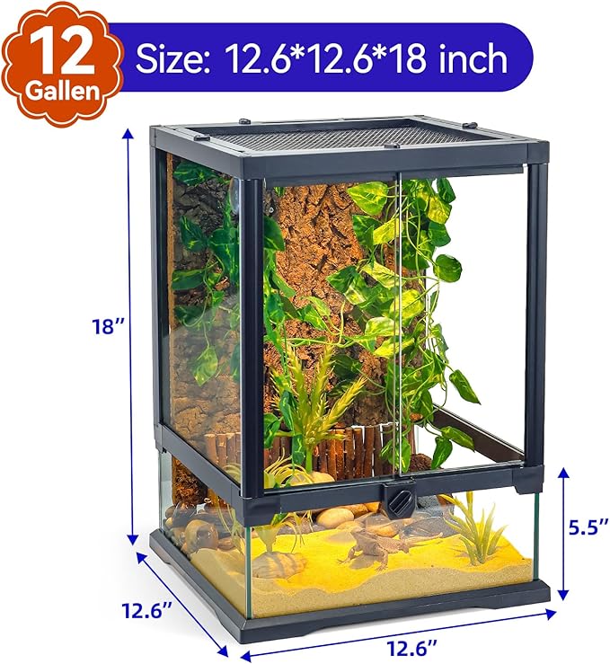 360° Clear View 12 Gallon 18x12.6x12.6 Glass Reptile Terrarium Suitable for Bearded Dragon, Chameleon, Crested Gecko, Multi-Pet Enclosure with Front Door, Excellent Ventilation, Hidden Wiring Holes-PurrikoPets