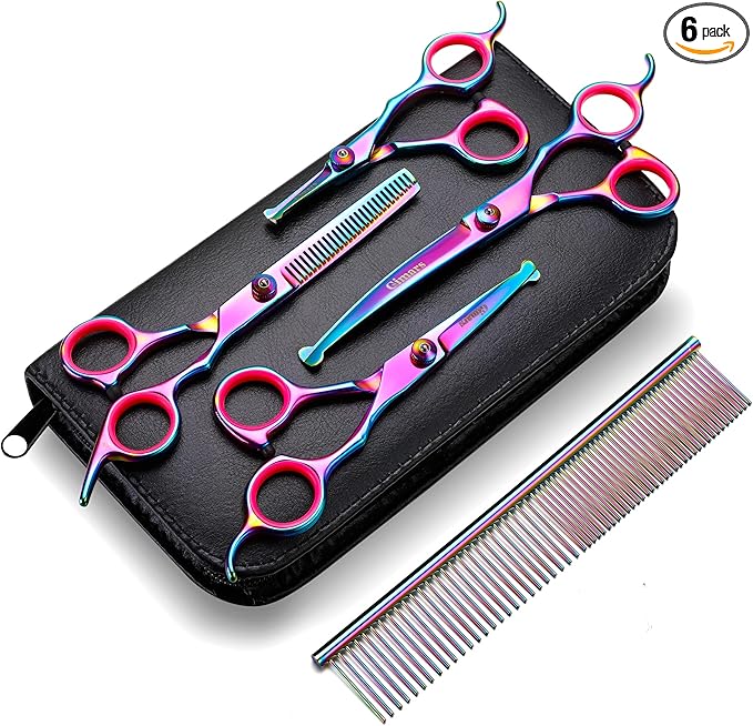 Gimars Professional 4CR Stainless Steel 6 in 1 Grooming Scissors for Dogs with Safety Round Tip, Heavy Duty Titanium Coated Pet Grooming Scissor for Dogs, Cats and Other Animals-PurrikoPets