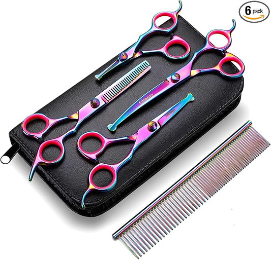 Gimars Professional 4CR Stainless Steel 6 in 1 Grooming Scissors for Dogs with Safety Round Tip, Heavy Duty Titanium Coated Pet Grooming Scissor for Dogs, Cats and Other Animals-PurrikoPets