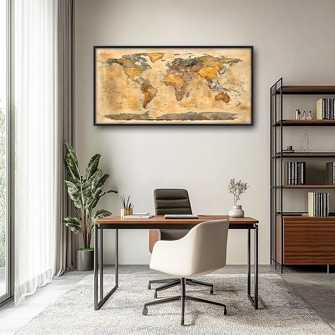 Extra Large World Map Framed Wall Art for Living Room,Oversized Vintage Map of The World Pictures Wall Decor,Canvas Print Painting Modern Artwork Bedroom Office Bathroom 60L" x 30W"-PurrikoPets
